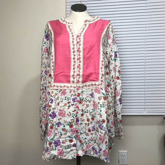 Woman Within Tunic Top Womens Sz 5X Color Beige Floral Long Sleeves Notched Neck - Picture 15 of 15